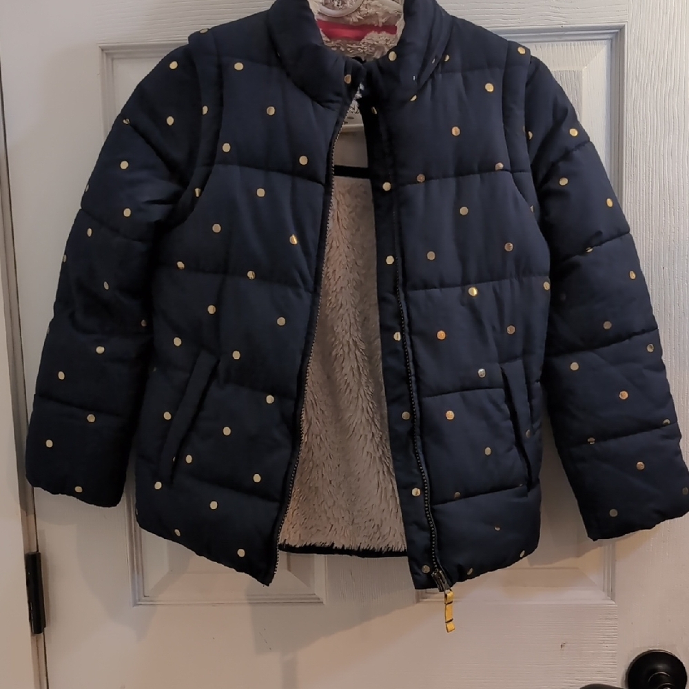 Mini Boden 2 in 1 Dark Blue Puffer with Gold Dots, Sherpa lined